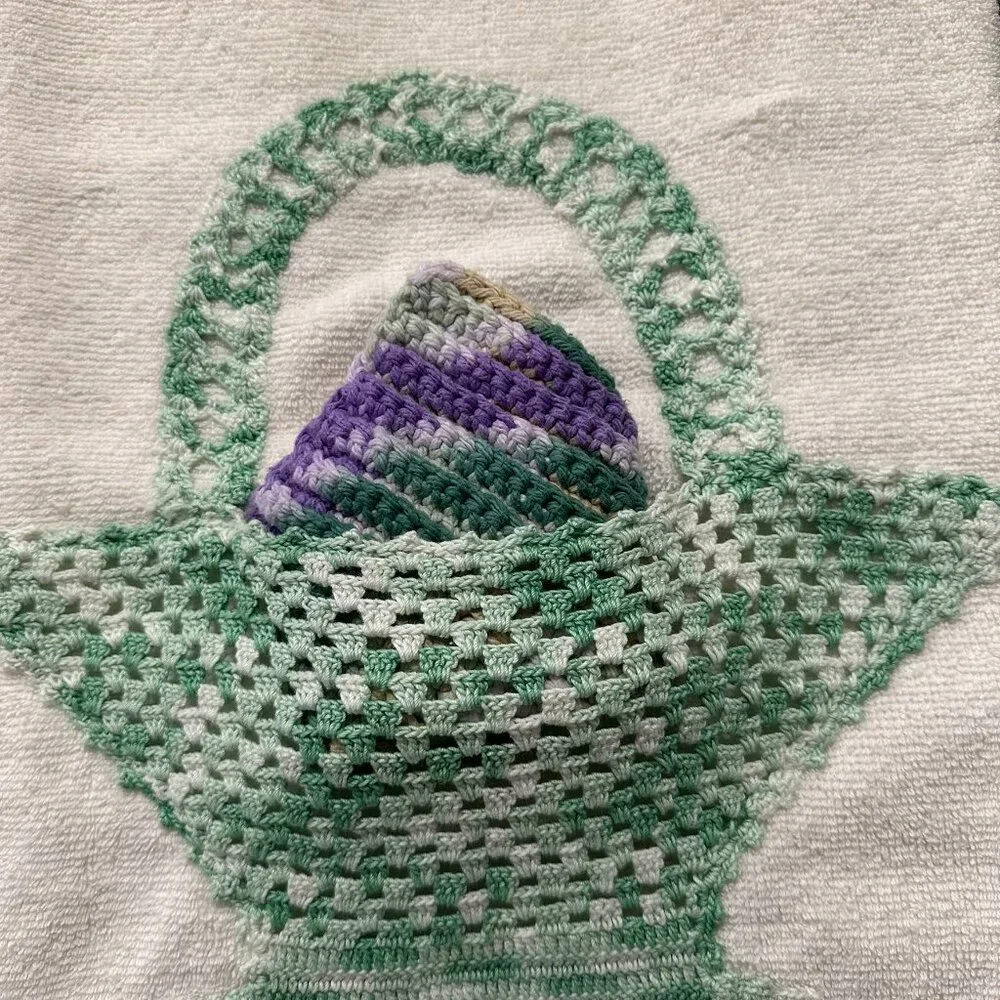 Vintage Cannon Towel with Hand Crochet Basket in Variegated Green Weave Design
